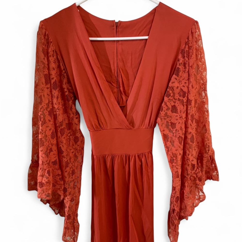 Vintage 70s Lace Sleeve Mini Dress in Dark Orange - Picture 4 of 9